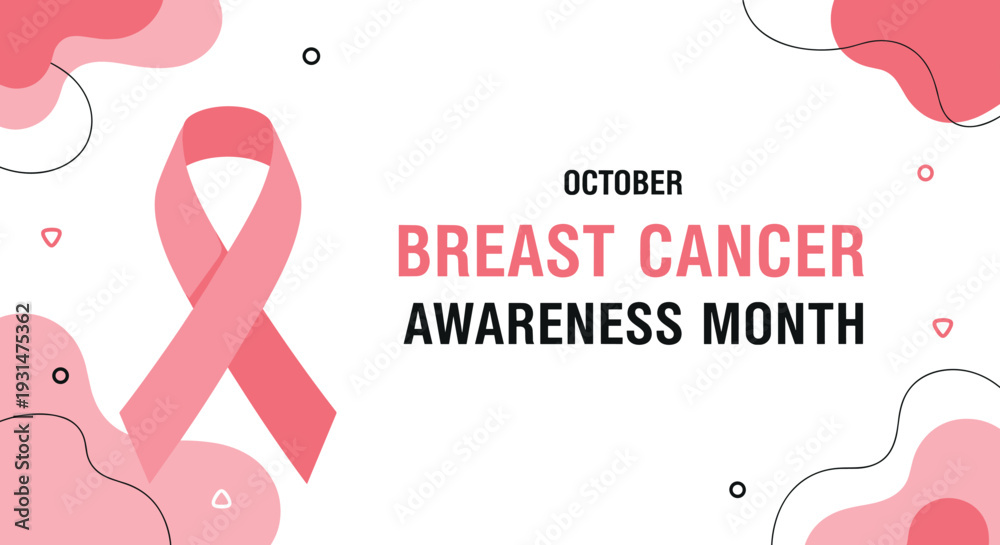Obraz premium Professional banner for October Breast Cancer Awareness Month featuring the iconic pink ribbon and abstract geometric shapes.