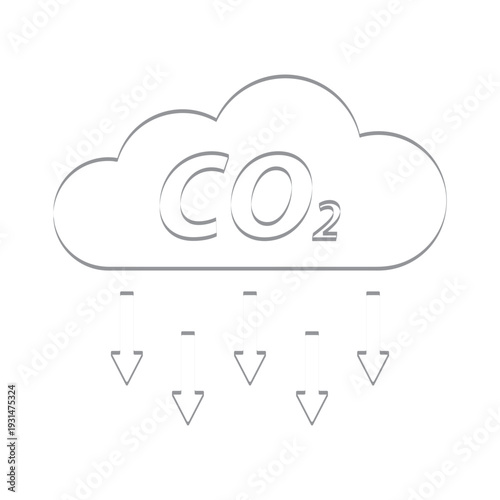 an icon representing the reduction of carbon dioxide (CO2) emissions, showing a cloud with the chemical formula CO2 and several downward arrows indicating a decrease or removal from the atmosphere