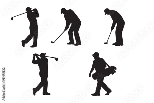 A dynamic vector silhouette set showing various male golf gestures, from swinging the club to finishing a perfect shot.