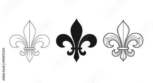 Trio of classic fleur de lis symbols in different artistic styles including silhouette and detailed line art for heraldry.