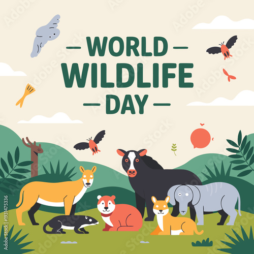A colorful illustration celebrating world wildlife day with diverse animals in a landscape high quality professional