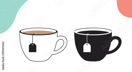 Minimalist illustration of two tea cups in white and black each with a small tea bag tag hanging out for a cozy beverage break.