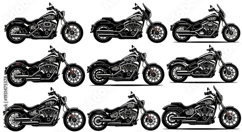 Collection of nine detailed motorcycle illustrations in black and white.