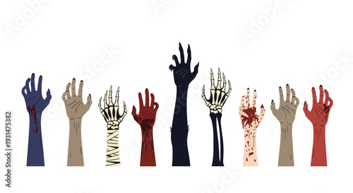 Spooky row of various monster and zombie hands reaching upward with different colors and textures for a Halloween theme.