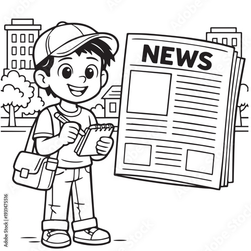 Adorable cartoon vector illustration of a young reporter searching for facts to complete his latest news report.