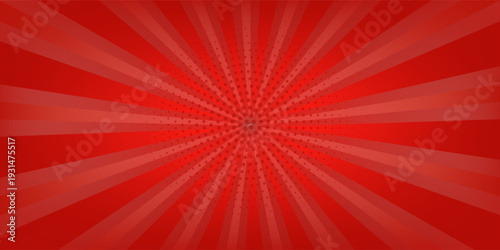 Retro red background with vintage circus sunburst. Psychedelic colorful swirl poster, abstract pattern in 70s carnival style. Hypnotic sunburst vector illustration.