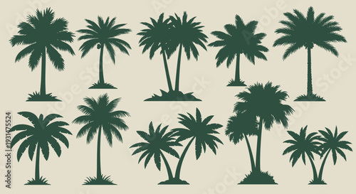 Large collection of diverse palm tree silhouettes in deep green against a pale background for tropical beach designs.
