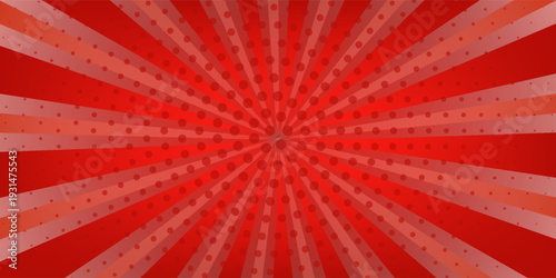 Retro red background with vintage circus sunburst. Psychedelic colorful swirl poster, abstract pattern in 70s carnival style. Hypnotic sunburst vector illustration.