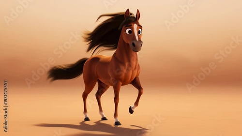 Animated brown horse trotting on a neutral background with a flowing mane in a 3d rendering style