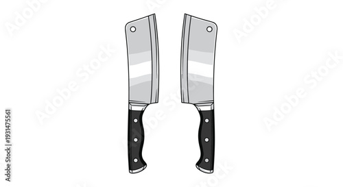 Two large metal meat cleaver knives with black handles facing away from each other in a clean minimalist style.