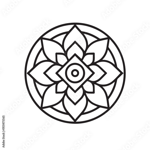 A simple vector mandala pattern with ethnic floral elements, arranged in balanced symmetry and clean decorative lines.