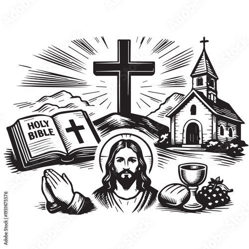 A Christian vector concept featuring Jesus, a cross, church silhouette, Holy Bible, bread, and wine symbolizing faith and devotion.