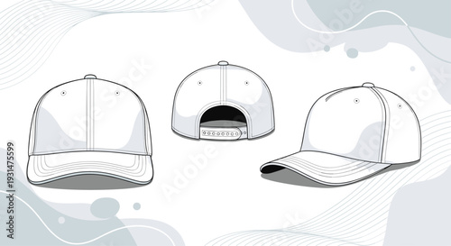 Three views of a plain white baseball cap including front, side, and back for apparel design and branding templates.