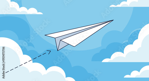White paper airplane soaring through a bright blue sky filled with soft white clouds along a dashed flight path line.