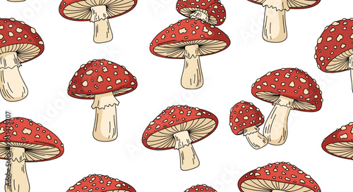 Seamless background pattern featuring hand drawn fly agaric mushrooms with red caps and white spots on a white field.