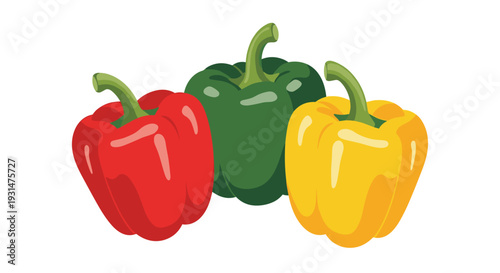 Collection of three fresh bell peppers in red, green, and yellow colors presented together on a simple white background.