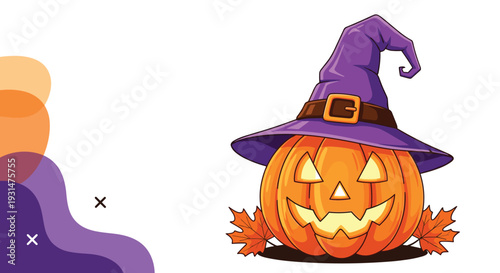 Spooky Halloween jack o lantern pumpkin carved with a scary face and wearing a pointed purple witch hat with leaves.