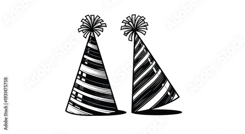Pair of festive striped party hats with decorative pom poms on top in a stylized black and white hand drawn illustration.