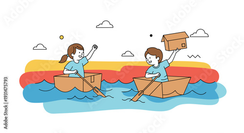 Illustration of two young children happily rowing small cardboard box boats across gentle blue water with orange sun.