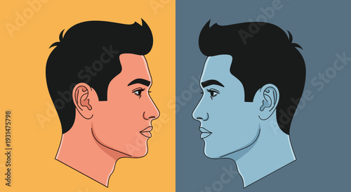 Mirror image profile of a man's face split into warm orange and cool blue color schemes against a contrasting backdrop.