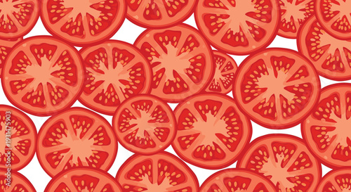 Vibrant seamless pattern composed of many round tomato slices showing seeds and inner texture on a white background.