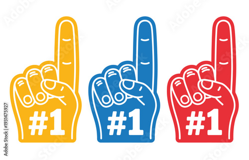 Three foam finger hands in yellow, blue, and red showing number one