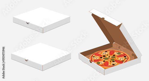 Set of white cardboard pizza delivery boxes with two closed and one open revealing a delicious multi topping pizza.