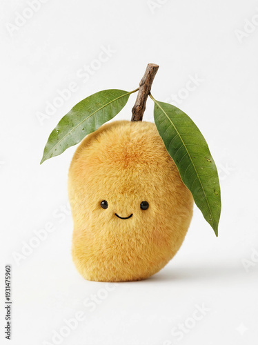 Cute Fluffy Mango Character with Smile – Adorable 3D Fruit Mascot Isolated on White Background