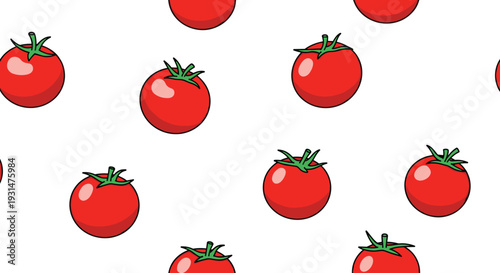 Endless repeating pattern of whole bright red tomatoes with green stems on a clean and minimalist white background.