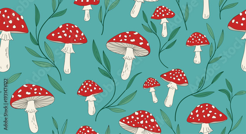 Whimsical seamless pattern of red mushrooms and trailing green vines with leaves set against a solid teal background.
