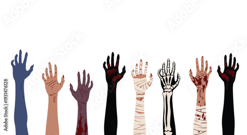Row of various zombie and monster hands reaching upward with different textures, bandages, and skeletal features.