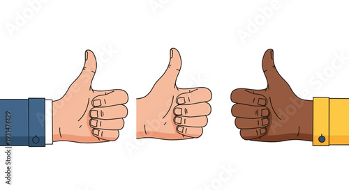 Three human hands with different skin tones giving a thumbs up gesture to symbolize diversity, agreement, and success.