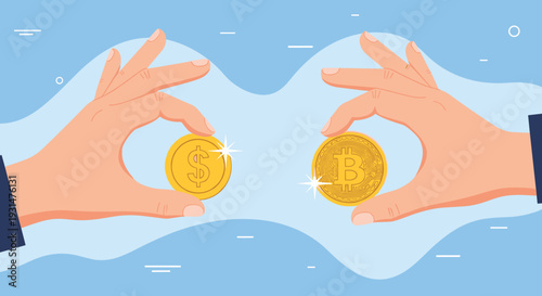 Two hands holding up a traditional gold dollar coin and a digital bitcoin coin to represent currency exchange themes.