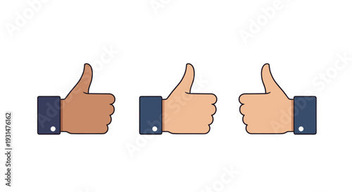 Set of three thumbs up icons with different skin tones from dark to light representing positive social media feedback.