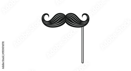 Fun party prop featuring a black curly mustache attached to a thin white stick for photo booths and celebrations.