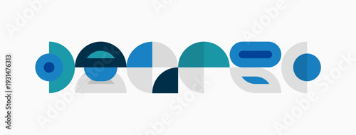 Abstract geometric shapes, blue tones dominate. Minimalist design, clean lines, modern aesthetic. Composition feels balanced, simple.