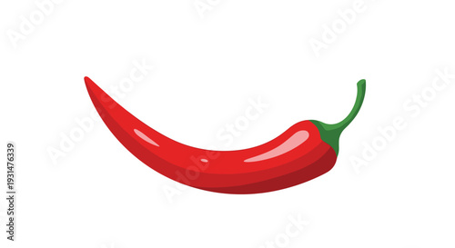 Single bright red chili pepper with a green stem sits horizontally on a white background, representing heat, spice, and flavorful cooking.