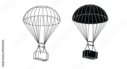 Parachute carrying a cargo box is shown in both a detailed line art drawing and a solid black silhouette for versatile design applications.