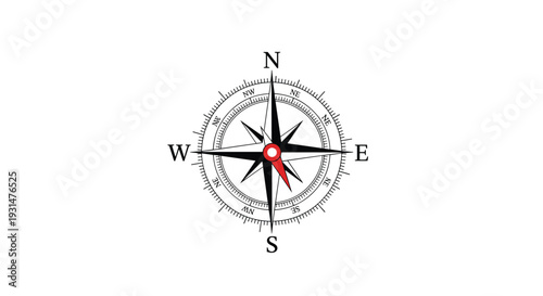 Traditional compass rose with a red needle indicates the cardinal directions of North, South, East, and West on a clean white background.