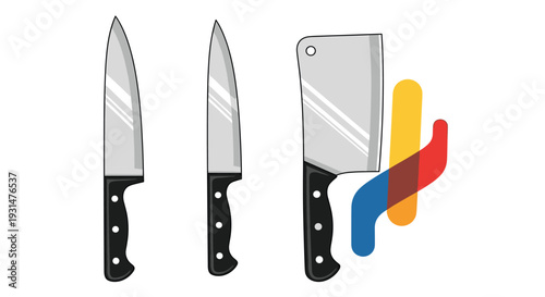 Collection of professional kitchen knives including two chef knives and a heavy-duty cleaver is shown with artistic colorful overlays.