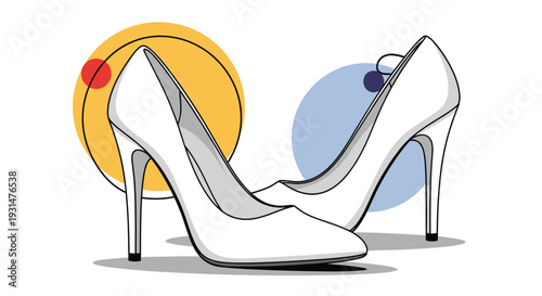 Elegant pair of white high-heeled stiletto shoes are displayed against a modern background with yellow and blue circular graphic elements.