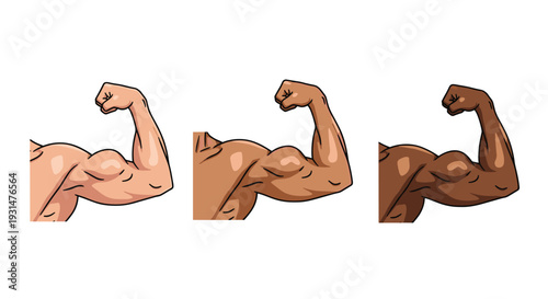 Three strong male arms showing flexed biceps in different skin tones represent diversity, strength, bodybuilding, and physical fitness.