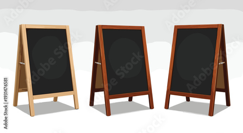 Trio of wooden A-frame sandwich boards with black chalkboards are shown in different wood finishes for displaying menus or messages.