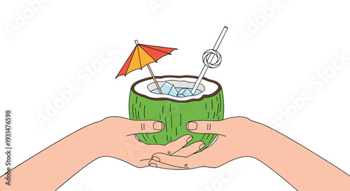 Two hands hold a fresh green coconut cocktail topped with a colorful umbrella and a straw, representing a tropical vacation paradise.
