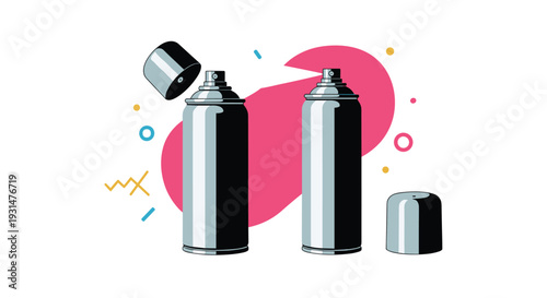 Two silver spray paint cans with their caps removed are displayed against a vibrant pink abstract background with colorful graphic shapes.