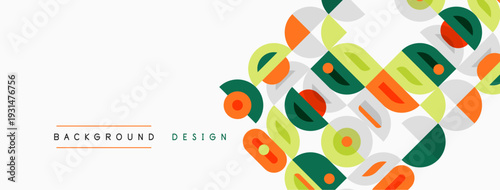 Abstract geometric shapes overlap, creating vibrant colorful background. Modern design utilizes curves, lines, warm tones.