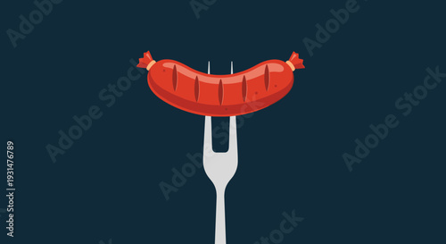 Juicy grilled sausage is held vertically by a silver fork against a dark background, representing delicious fast food or a barbecue meal.