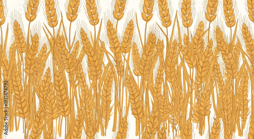 Dense field of golden wheat stalks is shown in a seamless repeating pattern, representing agriculture, harvest time, and natural grains.