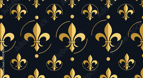 Gold fleur-de-lis pattern on a dark blue background with decorative dots and circular accents for a classic royal look.