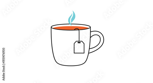 Simple white mug filled with hot tea and a visible tea bag has steam rising from the top, representing a cozy and relaxing break time.